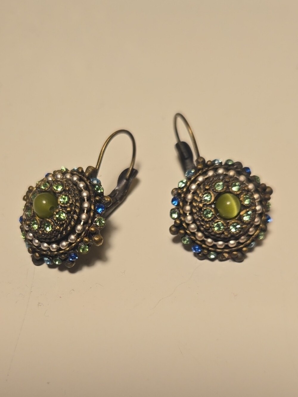 Green Crystal Dome Drop Earrings with Mixed Accent Stones
